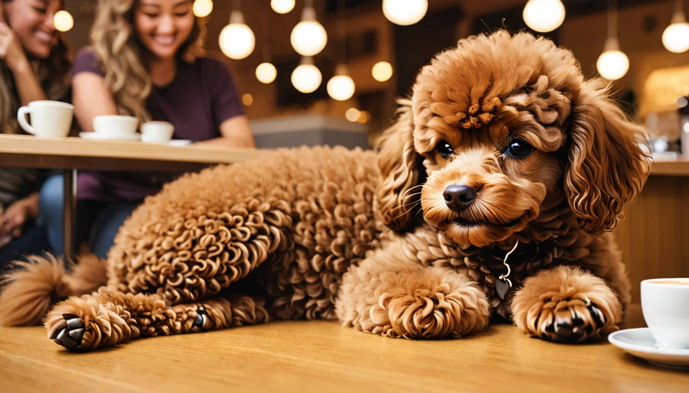A brown toy poodle curled up asleep on a customer's lap at a table in a dog cafe. The customer is smiling while gently petting the sleeping poodle. Interior of a cozy dog cafe visible in the background. Warm lighting, soft focus, heartwarming scene.