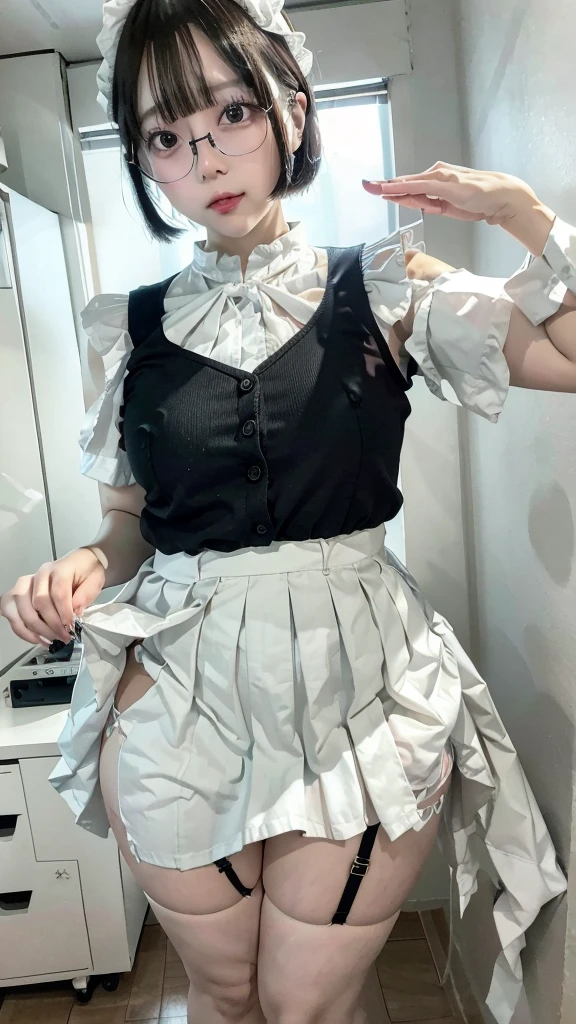 nsfw,pov,1girl,thick thighs,Maid outfit,glasses,standing,skirt lift,garter belt,short bob cut,under,focus vagina,from directly below