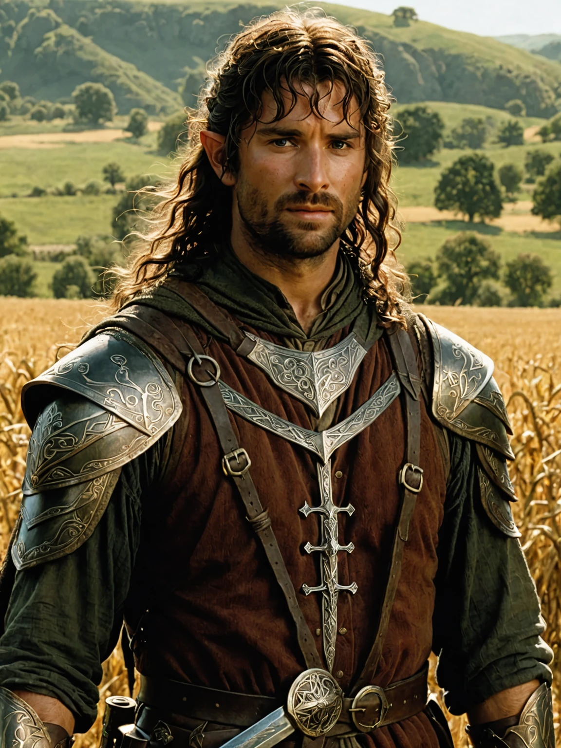 aragron from the lord of the rings in front of a field