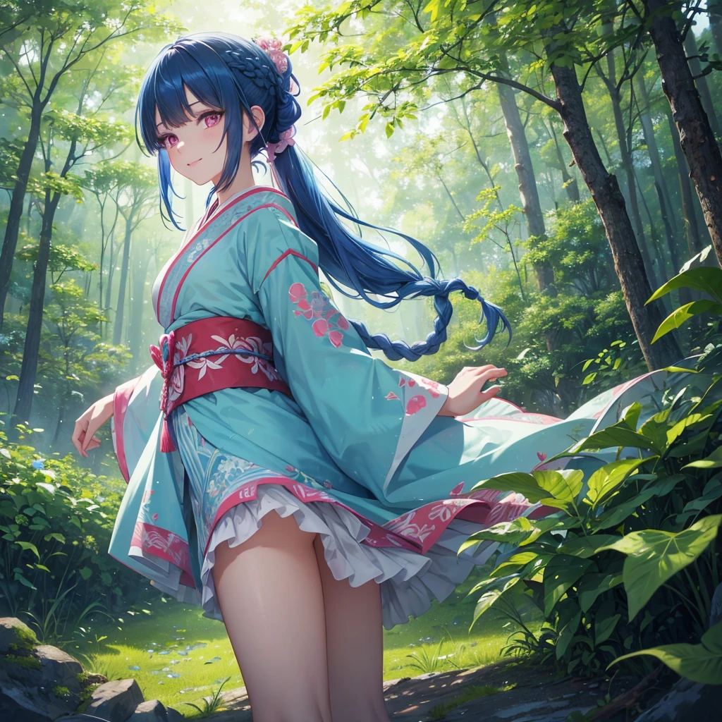 Blue hair, (braided ponytail),(pink eyes),fair skin ,(full body),1 girl,smile,white red kimono,Fresh green forest,Forest Goddess,Straight Bangs,(masterpiece, best quality, ultra-detailed, best shadow), (detailed background), (beautiful detailed face), high contrast, (best illumination, an extremely delicate and beautiful), ((cinematic light)), colorful, hyper detail, dramatic light, intricate details,guardian of the forest,Leaf Blizzard,