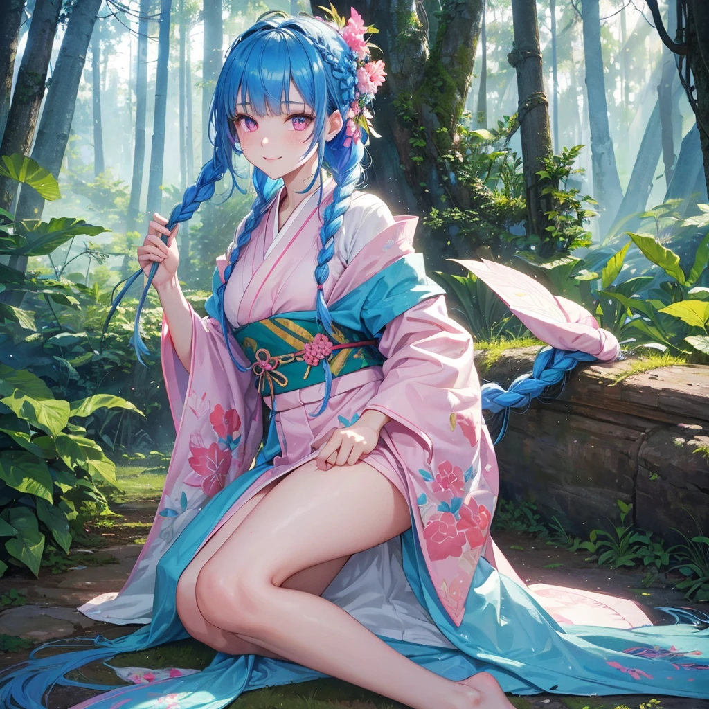 Blue hair, (braided ponytail),(pink eyes),fair skin ,(full body),1 girl,smile,white red kimono,Fresh green forest,Forest Goddess,Straight Bangs,(masterpiece, best quality, ultra-detailed, best shadow), (detailed background), (beautiful detailed face), high contrast, (best illumination, an extremely delicate and beautiful), ((cinematic light)), colorful, hyper detail, dramatic light, intricate details,guardian of the forest,Leaf Blizzard,