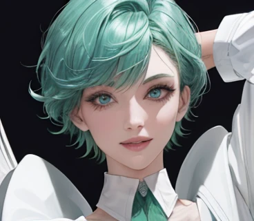 zoom out,Photo from chest up,upper body up,in business,business woman,intellectual,smile,short hair,Emerald hair,short hair,green hair,laughter,30 years,drooling eyes,upper body up, alone,know,Flow of hair that extends to the face,bangs between eyeliner hair,High resolution, Bright and clear, Big light blue eyes shine charmingly,green one piece,white jacket,eyeliner,Shining white skin,(Ultra Real), (figure), (High resolution), (In 8K), (very detailed), (Best figure), (Beautiful quality with attention to detail), (super detailed), (wallpaper), (detailed face),