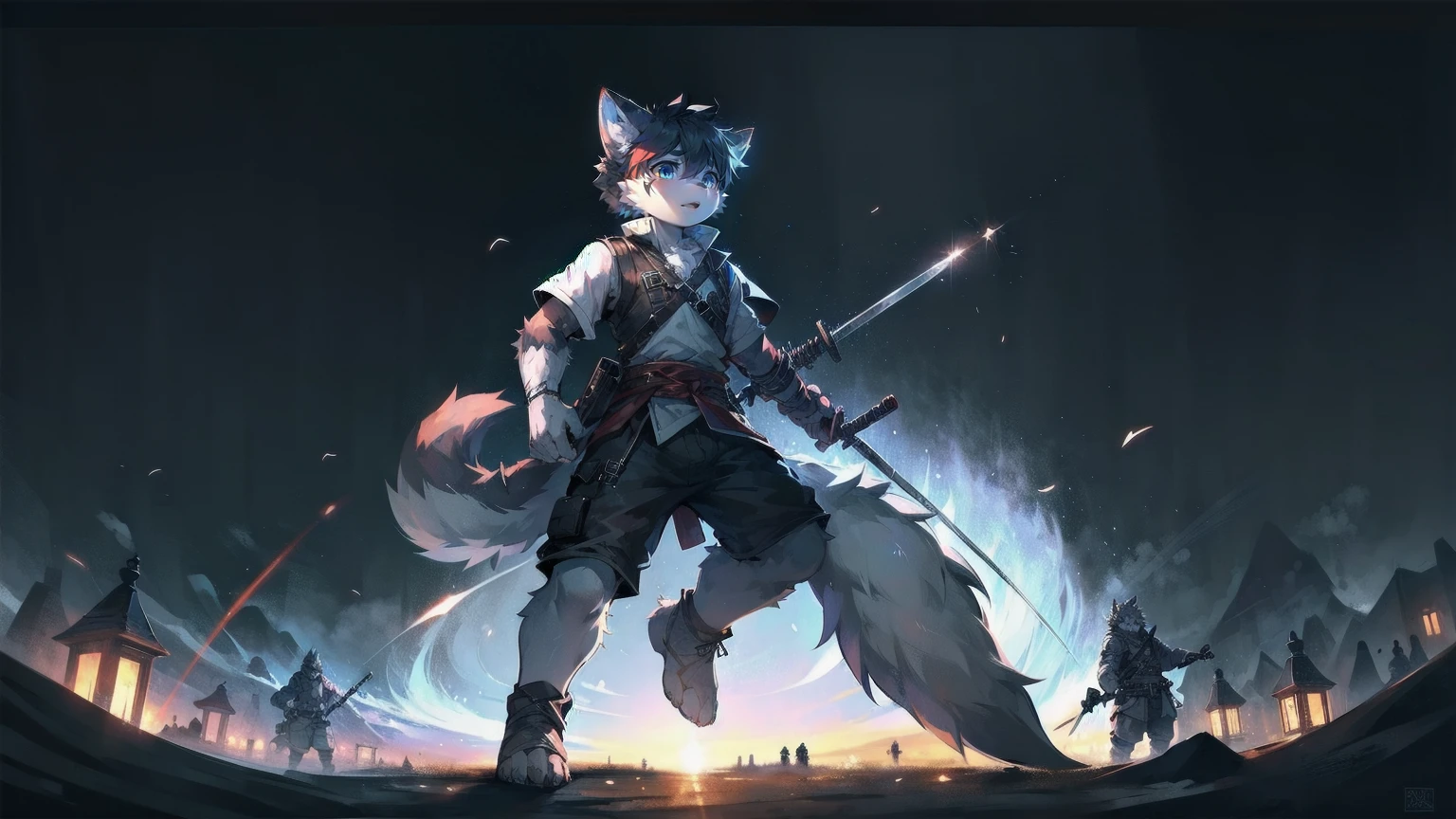 White Wolf，black hair，Sky blue eyes，hairy，Wolf ears，Wolf tail，Full body portrait，The character is in the center of the frame，Handsome，Confident eyes，male，juvenile，Black and white combat uniform，Red neck bib，Black shorts，Short sleeve，hairy arms and legs，Dark background，Dark battlefield，dawn，sunrise，dawn，illumination，shadow，Swordsman，Scabbard and sword，Hold the hilt of a sword in your hand，The scabbard is at the waist，Highest quality