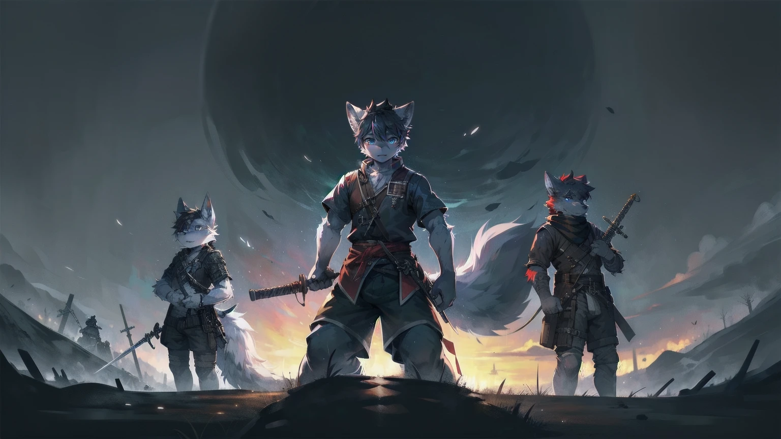 White Wolf，black hair，Sky blue eyes，hairy，Wolf ears，Wolf tail，Full body portrait，The character is in the center of the frame，Handsome，Confident eyes，male，juvenile，Black and white combat uniform，Red neck bib，Black shorts，Short sleeve，hairy arms and legs，Dark background，Dark battlefield，dawn，sunrise，dawn，illumination，shadow，Swordsman，Scabbard and sword，Hold the hilt of a sword in your hand，The scabbard is at the waist，Highest quality