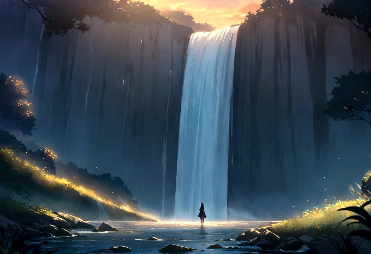 evening、Dark-haired woman looking up at a waterfall outdoors,anime,masterpiece, Highest quality, High resolution,Xin Haicheng、