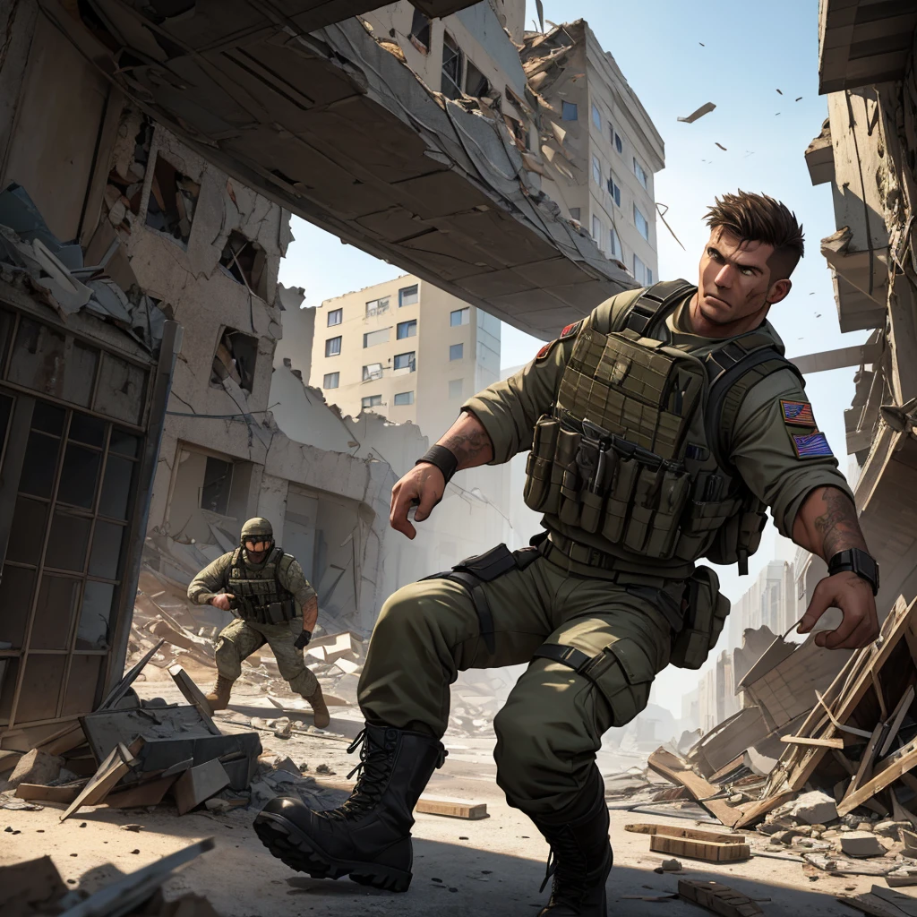 (best quality, 8K, photo realistic: 1.2), realistic skin texture, a man belonging to the US army, in the middle of a building full of rubble, under attack, trying to escape while defending himself, walls collapsing, assault rifle, bulletproof vest, backpack, boots, covered in wounds, determined expression, dynamic pose, innovative composition, dust in the air