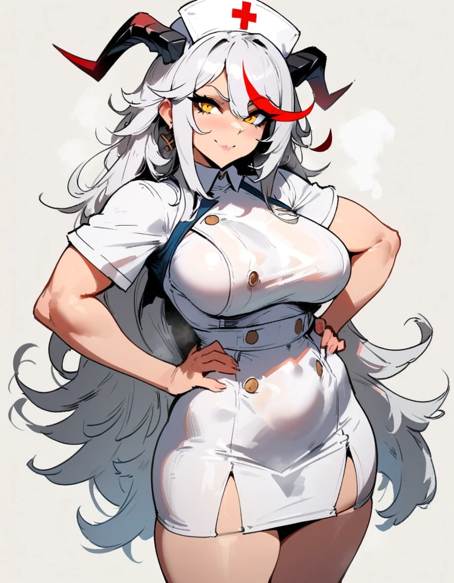 1girl, aegir \(azur lane\), azur lane \\\\\ masterpiece, best quality, very aesthetic, absurdres, newest \\\\\\ sportive body, \\\\\\ by nyantcha,,by cutesexyrobutts,by khyle ///// white hair with a single prominent red streak, black horns, yellow eyes, , white (nurse outfit:1.2), skirt, , white pencil skirt, nurse cap, , , a red cross on the cap, standing, (white background:1.2), rating general, horny smile, hands on hips