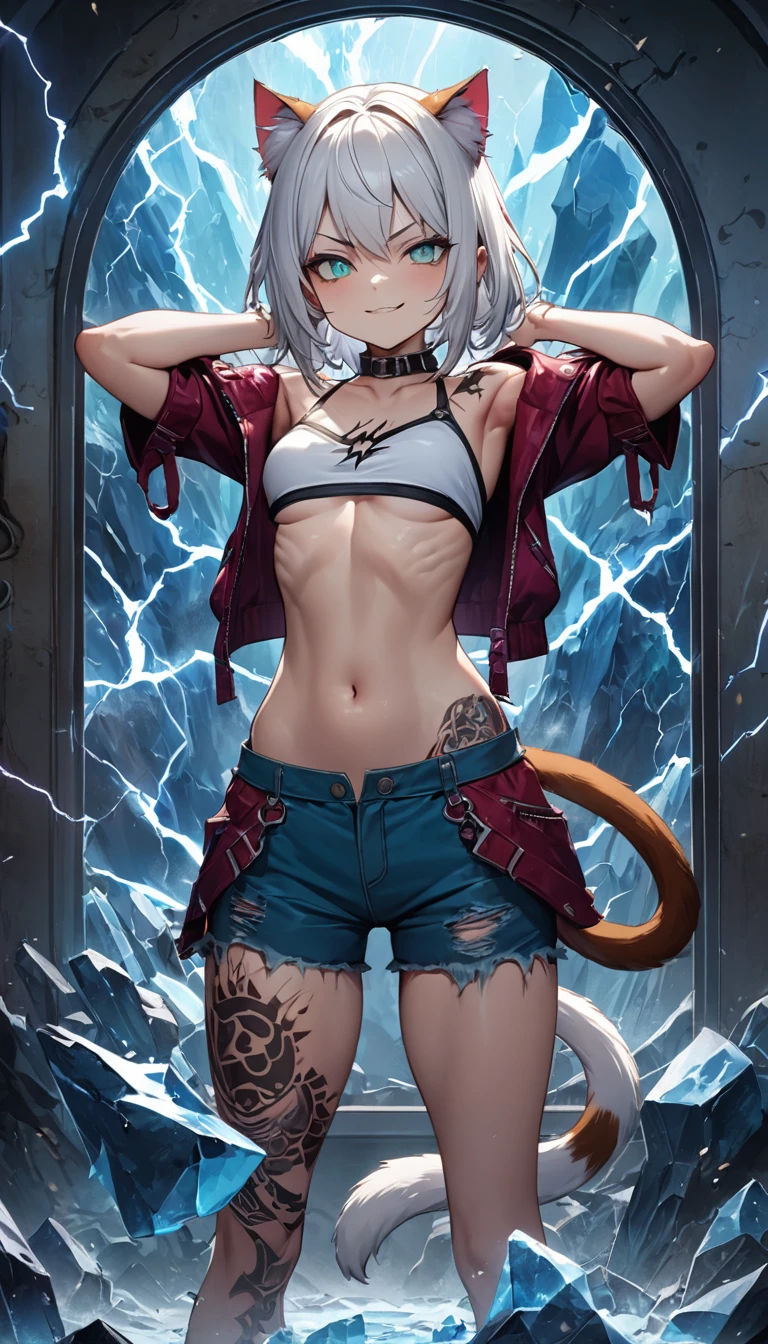 Adult girl, long white hair, cat ears, cat tail, multi-colored eyes, heterohromia, left eye purple, right eye turquoise, red learher ripped spike jacket, white tight top, purple print, blue shorts, lightning, ice, lot of tattoo, scars, open belly, small breasts, wide neckline, boob window, window in chest, little muscles, smirk, claws, hands behind head, Masterpiece, best quality, Full HD, 8k, ultra details, great graphic