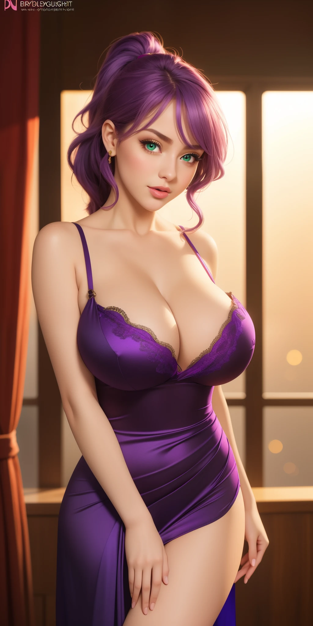 best quality, ultra-detailed, photorealistic: 1.39), bright and vibrant colors, studio lighting, romantic expression, seductive, Big breasts, 1girl, dark green eyes, long light purple hair, sunset, Beautiful and sensual dress, strap at the neck