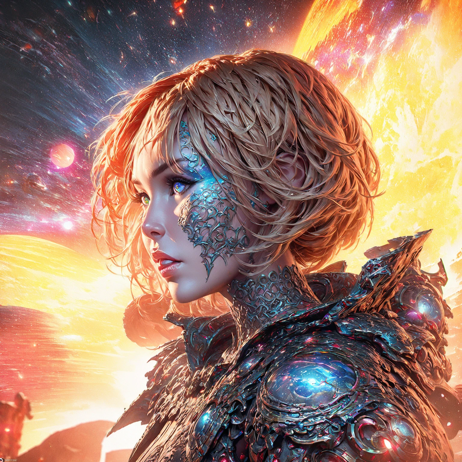 Highly detailed RAW color photo, beautiful young woman, short blonde hair, dynamic pose, (wide hips), (detailed skin), (detailed lips), (detailed eyes), (cosmic: 1.4), (necropolis: 1.1), (science fiction setting) (detailed face), (curvy), red clothing, detailed eyes, chromatic aberration, depth of field, soft lighting, masterpiece, best quality, intricate, (lens reflection: 0.7), (flowering: 0.7), particle effects, ray tracing, tone mapping, highly detailed, concept art, smooth, sharp focus, dramatic lighting, highly detailed art, cinematic, hyper-realistic painting, trending on Artstation, 8K, amazing shadows, realistic, (highly detailed background: 1.2), mid-journey art