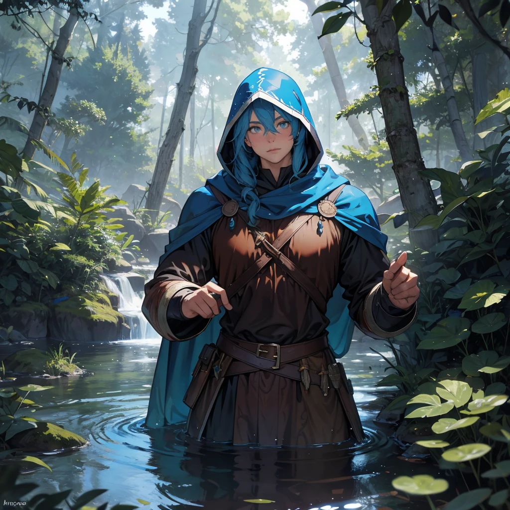 water dwarf in the forest with medieval adventurer outfit hood