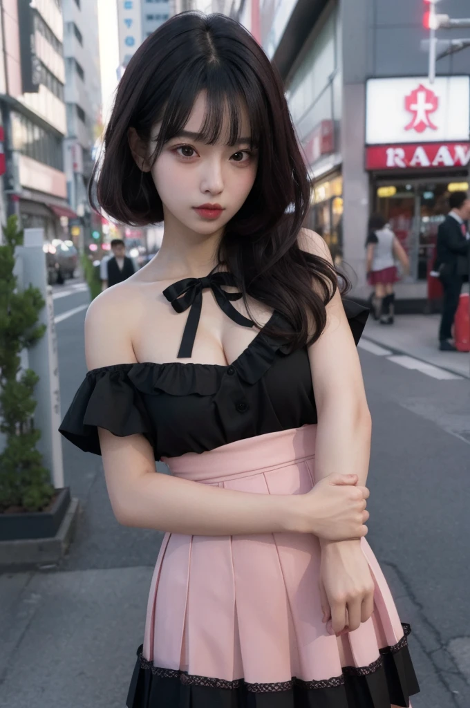 (8K, RAW Photos, Highest quality, masterpiece:1.2), (Realistic, photo-Realistic:1.33), Highest quality,One girl,Large Breasts,ribbon, Pink Skirt, Black Hair, Pleated skirt, Black Shirt,jirai fashion, Long Hair, Brown eyes, Pink Lips, cute,Hime cut, Neon Light, jirai kei, Tokyo \(city\),, (8K, RAW Photos, Highest quality, masterpiece:1.2), (Realistic, photo-Realistic:1.33), Highest quality