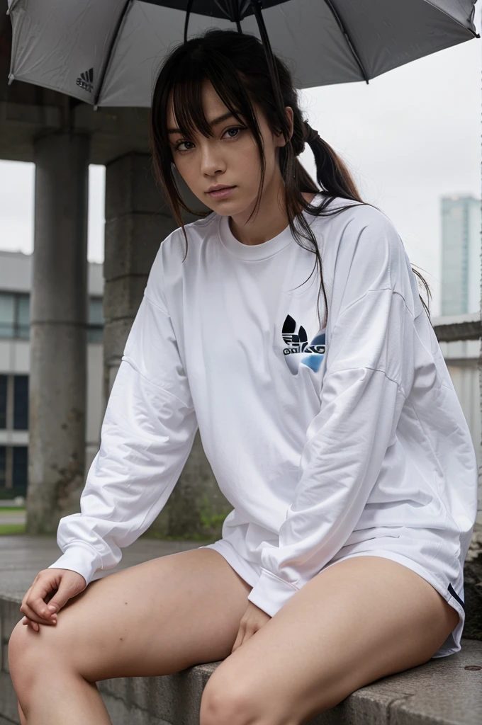 Anime People sitting in Adidas logo shirts even on a rainy day with sharp gazes