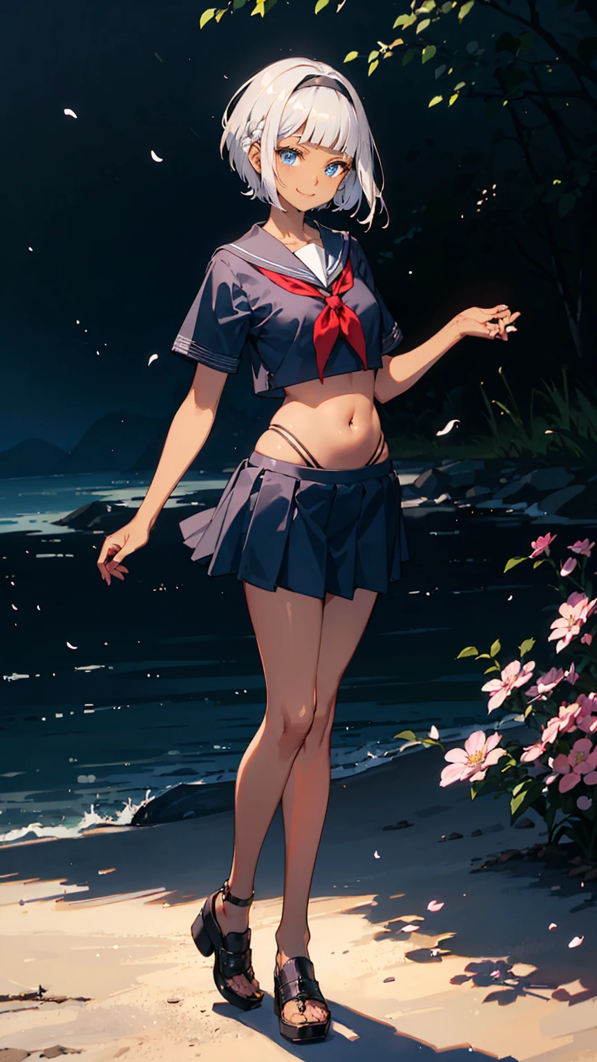 One Woman、 (((dark skin))), Beautiful silver hair、((((Very short hair))))、French braids、skyblue eyes、Beautiful Eyes、(hair band)、(((Blunt bangs))), ((Medium Chest)), 24-years-old、Tight waist, noon、Spring yard、Short-sleeved sailor suit、((belly button))、mini skirt、full body shot, front、smile