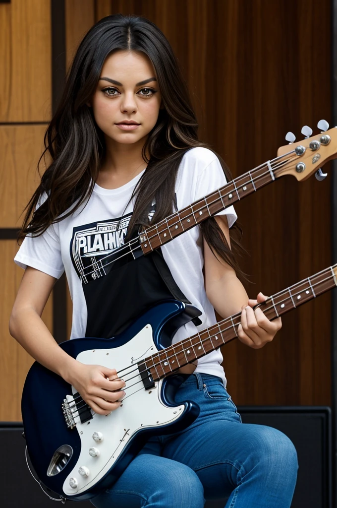 Beautiful brunette girl identical to Mila Kunis with a white t-shirt and black pants and playing the guitar and a beautiful brunette girl identical to Vanessa Hudgens with a black t-shirt and blue pants and playing the bass 