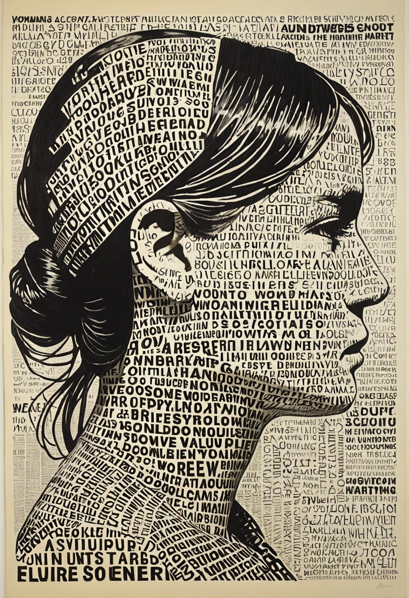 drawing of a woman's head made entirely of words and letters, the words and letters form the woman's head,Mel Bochner,Agnes Martin