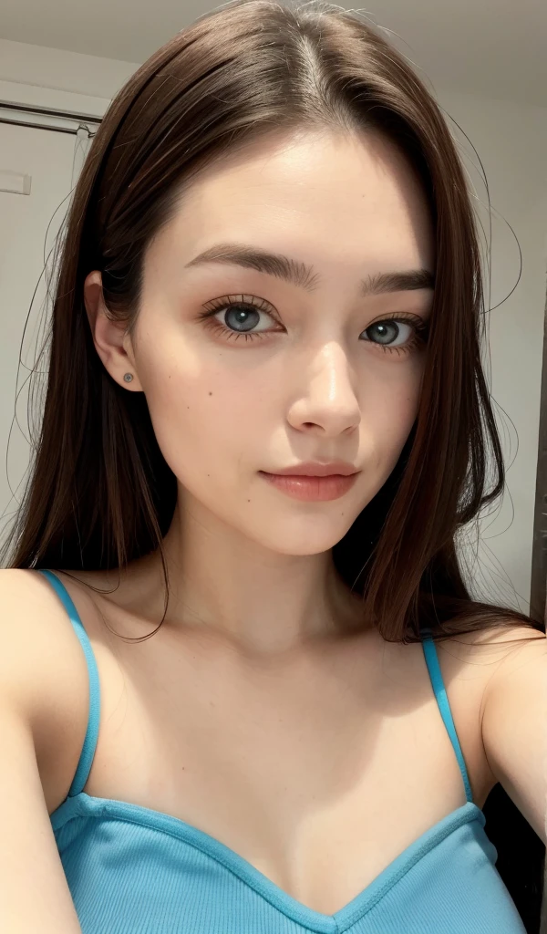 Close-up of a woman wearing a blue bra top taking a photo, Portrait of Sophie Mudd, 18-year-old, 非常にBeautiful Face, 2 4-year-old female model, Young woman taking a selfie, Very cute face, 19-year-old girl, Gorgeous young model, Gorgeous and attractive face, Perfect Face ), Very cute model, Beautiful Face