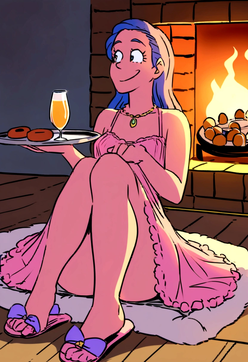 Create an illustration of Marge Simpson from 'The Simpsons' posing suggestively. She is sitting on a bear skin rug in front of a lit stone fireplace. Marge is wearing a sheer pink negligee and matching high-heeled slippers. She has a tray of donuts in each hand and a cheerful expression on her face. Next to her on the floor are a glass of champagne and a soda can. The scene should have a cozy and intimate atmosphere with the light from the fireplace illuminating the setting