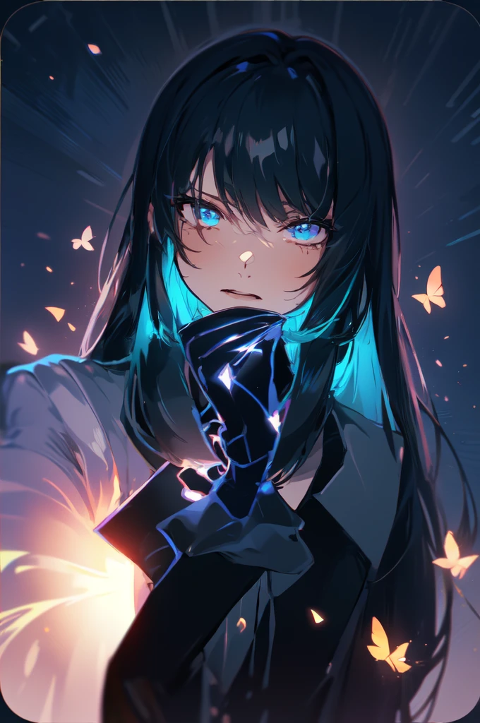 Beautiful hands, Beautiful dresasterpiece, (best quality:1.2), intricate details, ado, 1girl, multicolored hair, long hair, collared shirt, jacket, bangs, long sleeves, blue flower, (mature female:1.2), Ado, (dark blue hair, light blue inner), extra long hair, straight hair, blue eyes, slanted eyes, white inner shirt, (long black jacket, long black pants),  (masterpiece, best quality:1.2), intricate details, ado, 1girl, multicolored hair, long hair, collared shirt, bangs, long sleeves, blue flower, (mature female:1.2), Stars and comets pass by in the open sky, Beautiful Clouds, A tree with glowing fireflies and butterflies々, (Ultra-realistic), {Highly detailed CG unit 8k wallpaper}, Vast landscape photography, (View from below with a panoramic view of the sky, vast open field vision), (Low angle shot), (Light: 1.5), (warm Light source: 1.2), Intricate details, (Rainbow colors: 1.2), (bright Lighting), (atimospheric Lighting), dream-like, Magic, fairy tale