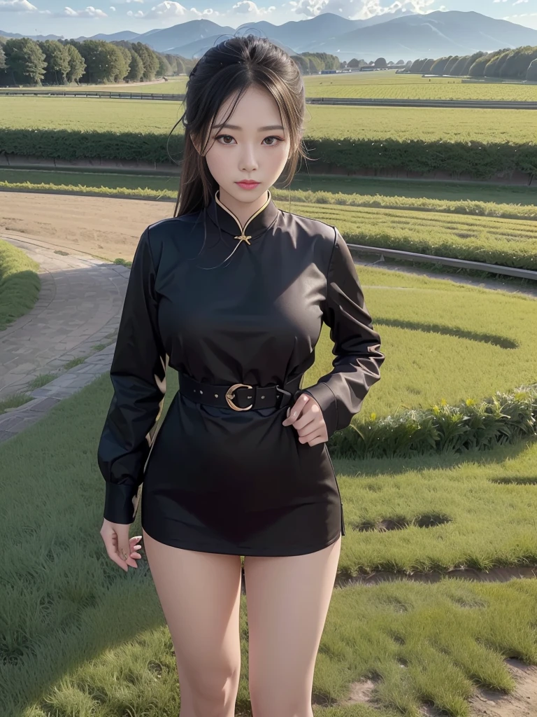 (Reality: 1.3), Are you okay, quality, Rembrandt Lighting, (masterpiece: 1.2), (Reality: 1.2), (Best quality), (Skin Details: 1.3), (Exquisite detail), dramatic, Idyllic, Ray Tracing, One girl, Chinese Yellow Girl, Long black hair, 24-years-old, Modern Fashion (Pasture, sun, cloud, fields, farm, Starlight, Trail)