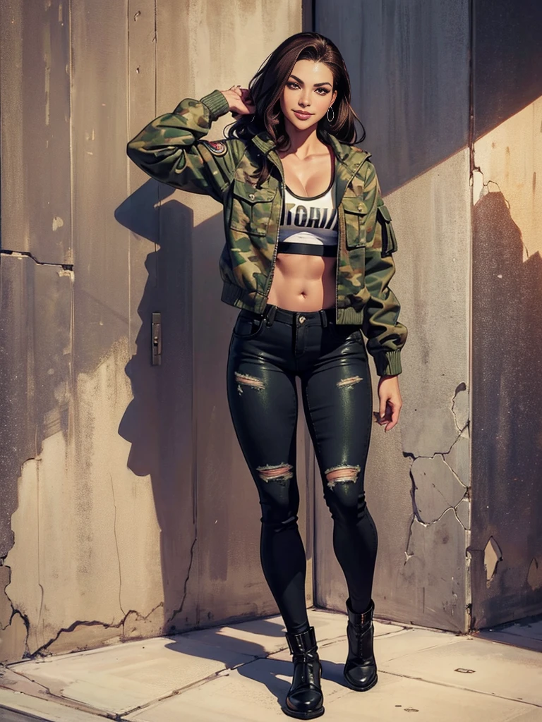 there is a latina woman in a green camouflage print jacket and black jeans pants posing with her arm flexing, dark brown hair, lucious red lips, cocky smirk, ((cocky smirk)), confident pose, confindent latina woman, fit woman, flexing her arm, muscular frame, fully clothed. painting of sexy, female outfit, realistic artstyle, realistic portrait full body, full body, female full body, !!full body portrait!!, urban girl fanart, full body picture, detailed full body portrait