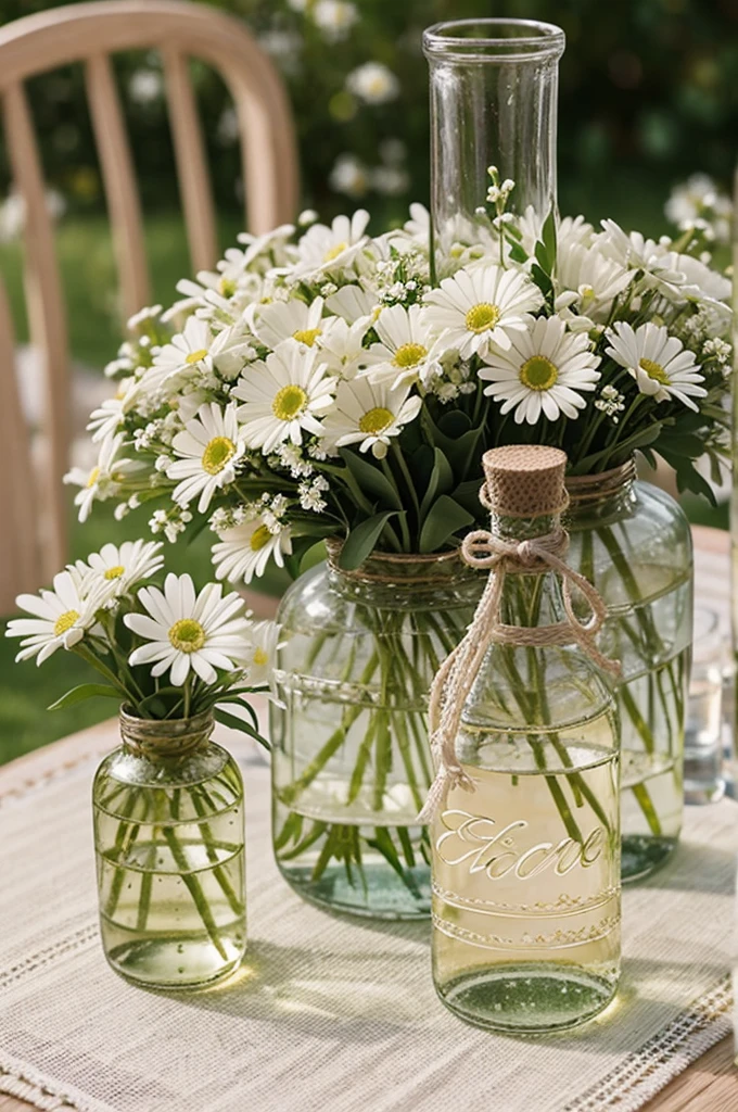 A wedding centerpiece with white daisy flowers and small white paniculate flowers inside a gold painted bottle with a white renda on the bottle as decoration and a sisal string at the bottom also in the bottle, and that the background is green like a garden and that you can see in detail the flowers and the table with a white manrel
