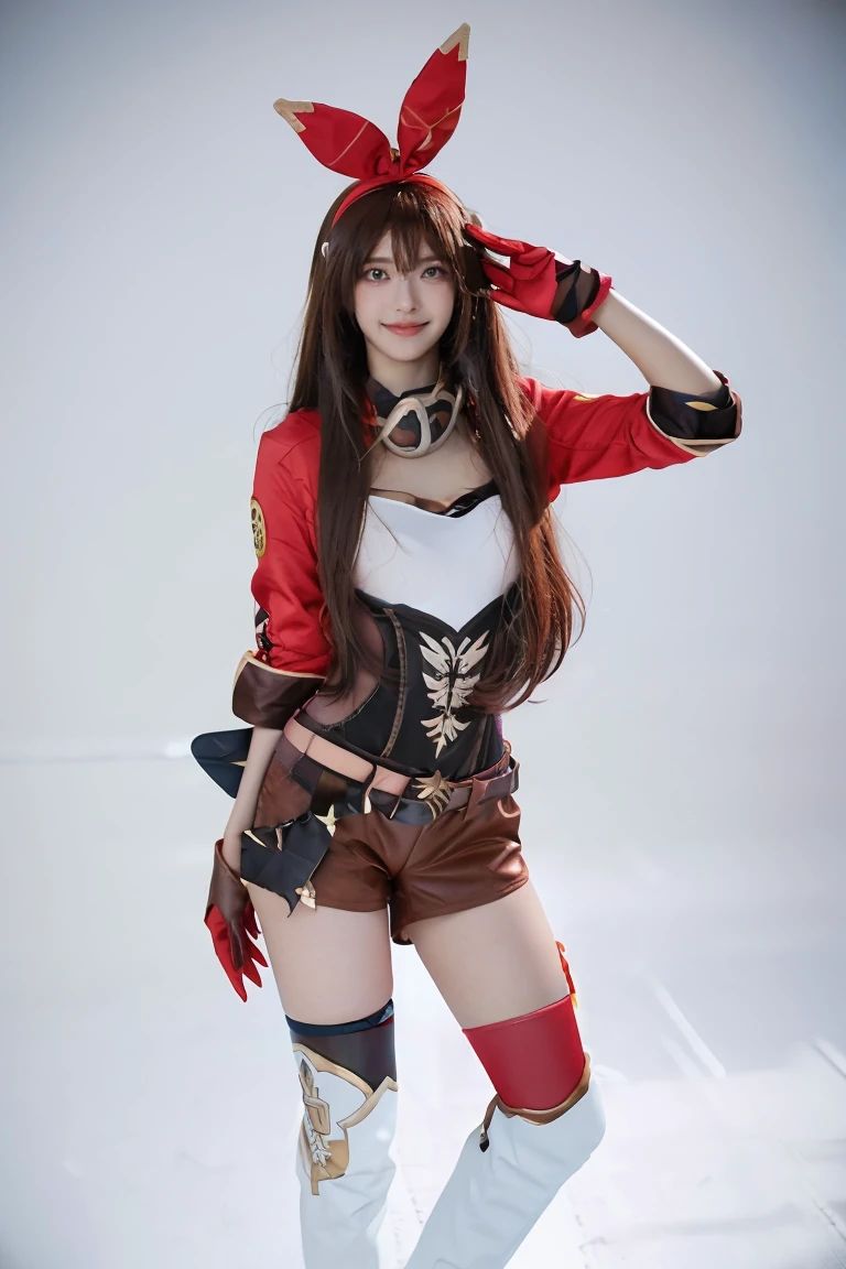 best quality, masterpiece, photorealistic, 1girl, solo, standing, arms at side, cowboy shot, looking at viewer, smile, closed mouth, bangs, hair between eyes, amber cosplay costume, amber, cosplay, cropped jacket, gloves, shorts, thighhighs, goggles around neck, white boots, belt, high heel boots, thigh strap, thighhighs under boots, 