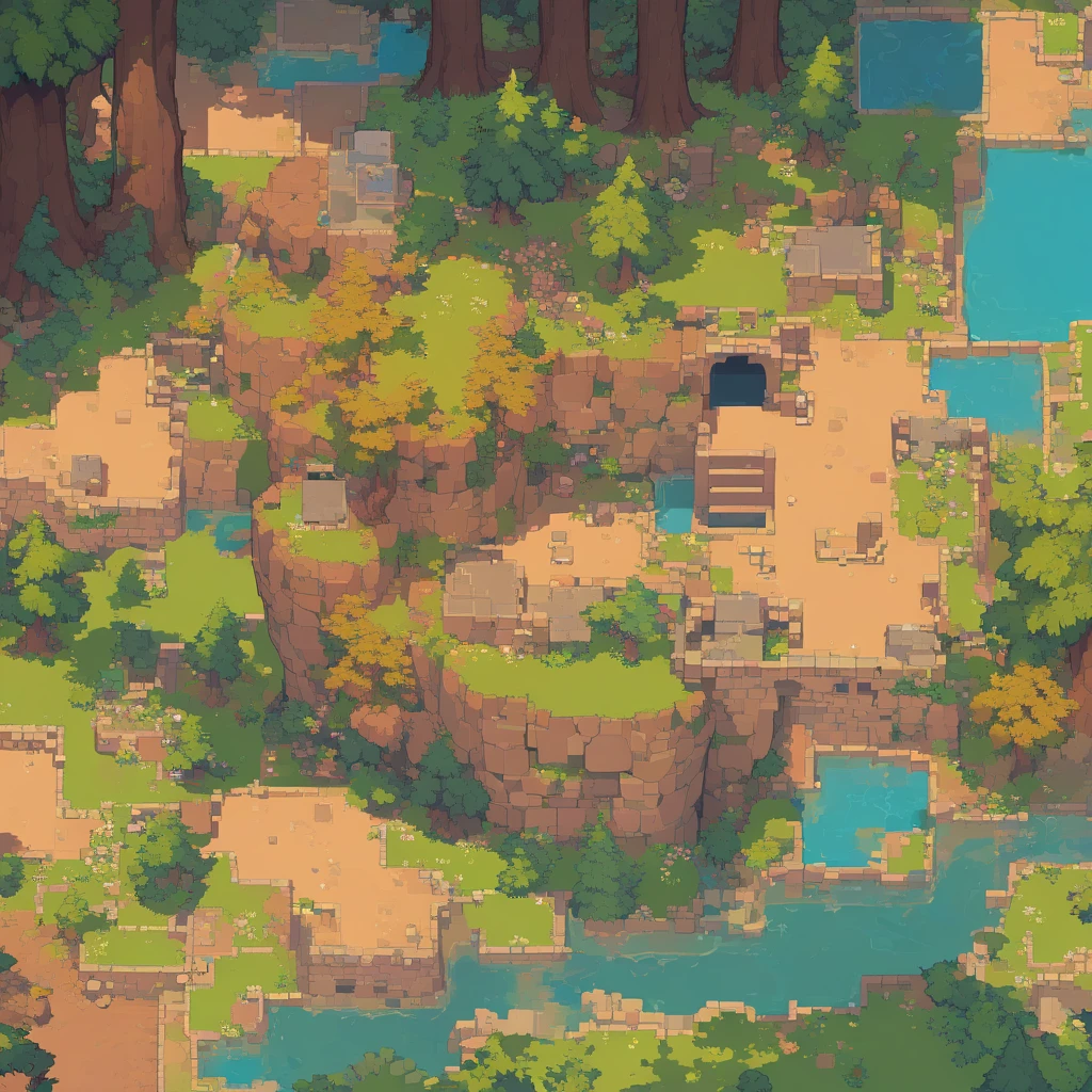 retro video game style,pixelated, vibrant pastel colors,8-bit characters,blocky shapes,sharp lines,detailed shading,classic gaming vibe,nostalgic atmosphere,classic arcade games,masterpiece:1.2,ultra-detailed,illustration style, 2d texture, clay texture, stone texture, 4 k seamless mud texture, video game texture, dirt texture, tileset, game tiles, clay material, flat texture, grass, trees, rock texture, rocky ground, forest, topdown view, game texture, game art, ground very detailed, dirt, floor texture, tileable texture, flowers, bushes, shrubs, intricate ground stone, top down view, 3/4th perspective