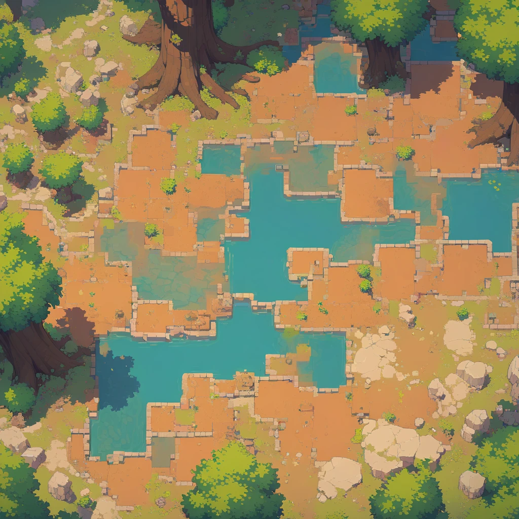 retro video game style,pixelated, vibrant pastel colors,8-bit characters,blocky shapes,sharp lines,detailed shading,classic gaming vibe,nostalgic atmosphere,classic arcade games,masterpiece:1.2,ultra-detailed,illustration style, 2d texture, clay texture, stone texture, 4 k seamless mud texture, video game texture, dirt texture, tileset, game tiles, clay material, flat texture, grass, trees, rock texture, rocky ground, forest, topdown view, game texture, game art, ground very detailed, dirt, floor texture, tileable texture, flowers, bushes, shrubs, intricate ground stone, top down view, 3/4th perspective
