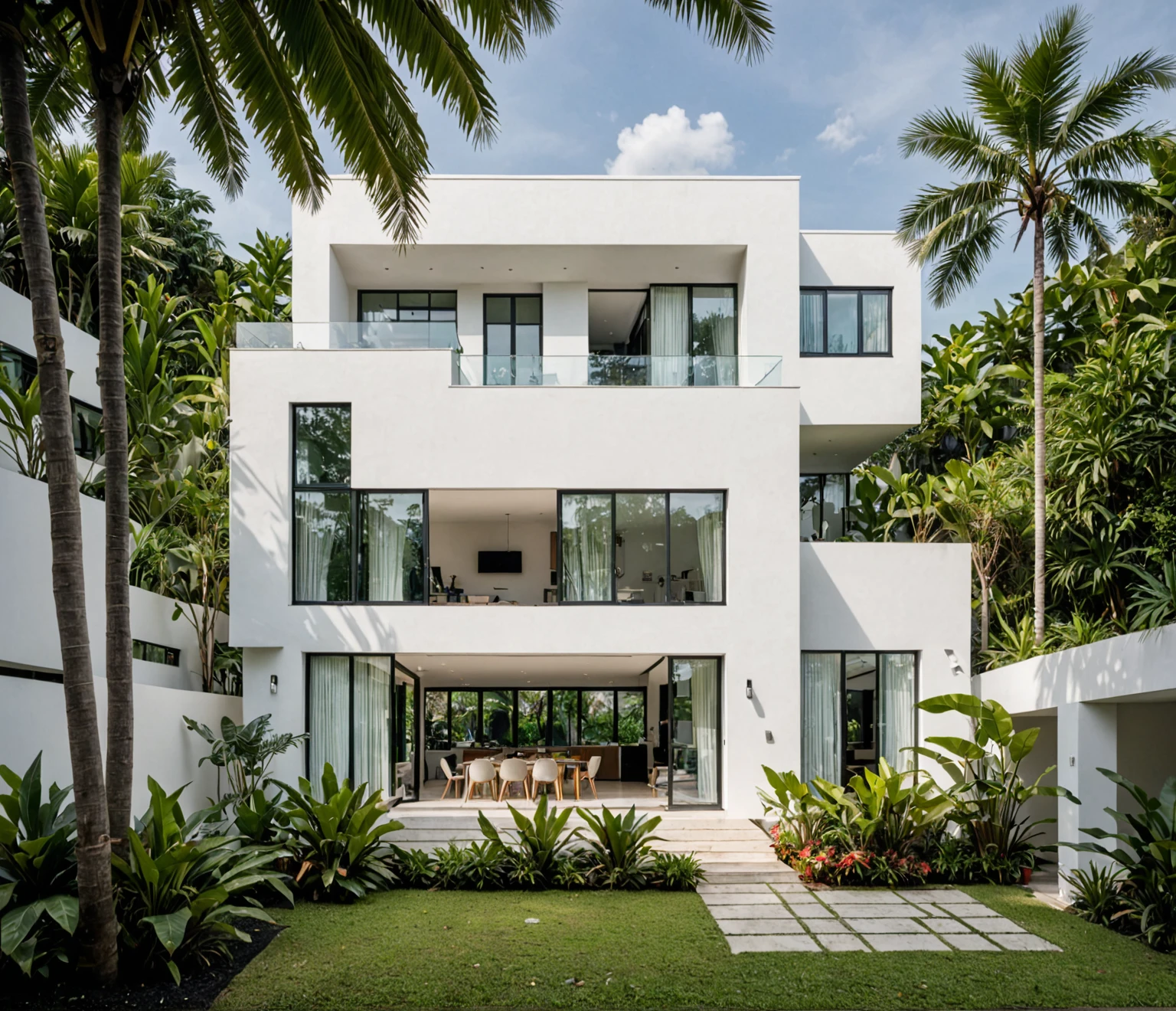 RAW photo,Masterpiece, high quality, best quality, authentic, super detail,
modern house, exterior, modern house with white wall and windows, daylight, tropical trees, tropical garden, the street on Viet Nam, archdaily architecture,
(high detailed :1.2), 8k uhd, dslr, soft lighting, high quality, film grain, Fujifilm XT3