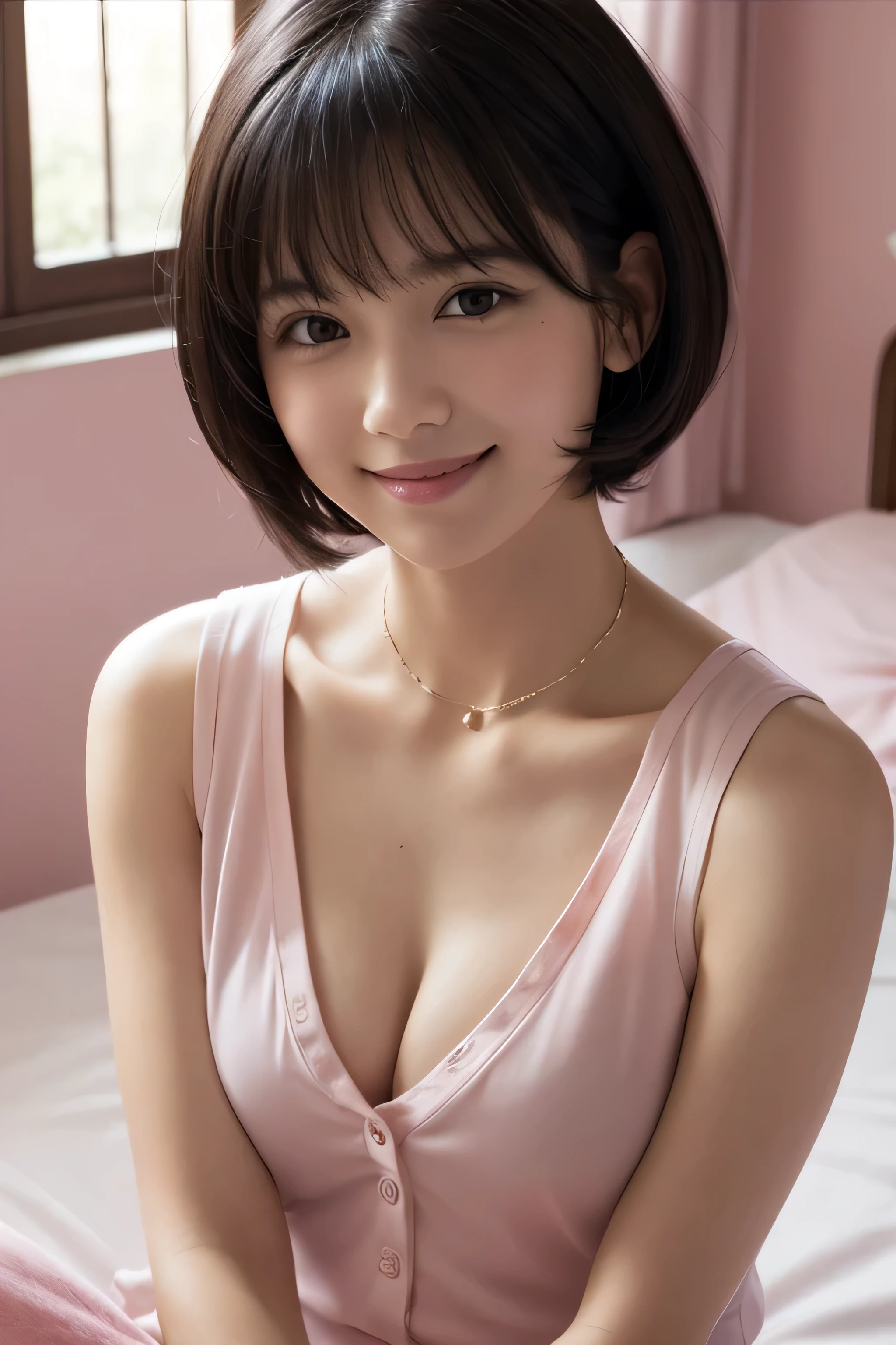 One girl, Fluffy short hair,Black Hair,smile,Inside the room, summer,pink,Open-collar shirt,Sleeveless,Button comes off,Bed,Sit down,Innocence,ＯL Sister,Look here,A small cleavage on the chest,transparent, (masterpiece, Highest quality), Soft Light, Structure of the film, Like a movie