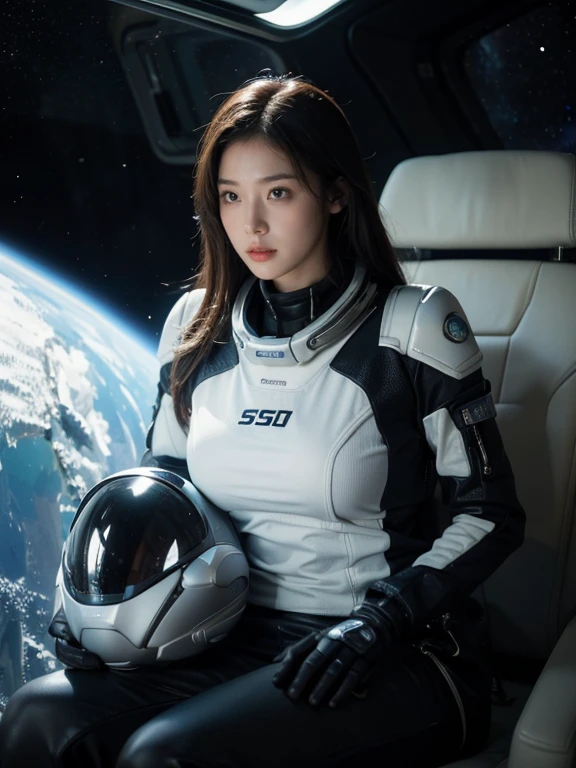 Sexy woman in spacesuit sitting on a space station, Huge breasts, beautiful woman Wearing a space suit, in a sci-fi movie, Sci-Fi Pilot, SF Women, SF Women, Wearing sci-fi military armor, On a spaceship, Powerful woman sitting in space, Fully space-ready, In the spaceship, Wearing a space suit, Sci-Fi Suit, futuristic starship crew member
