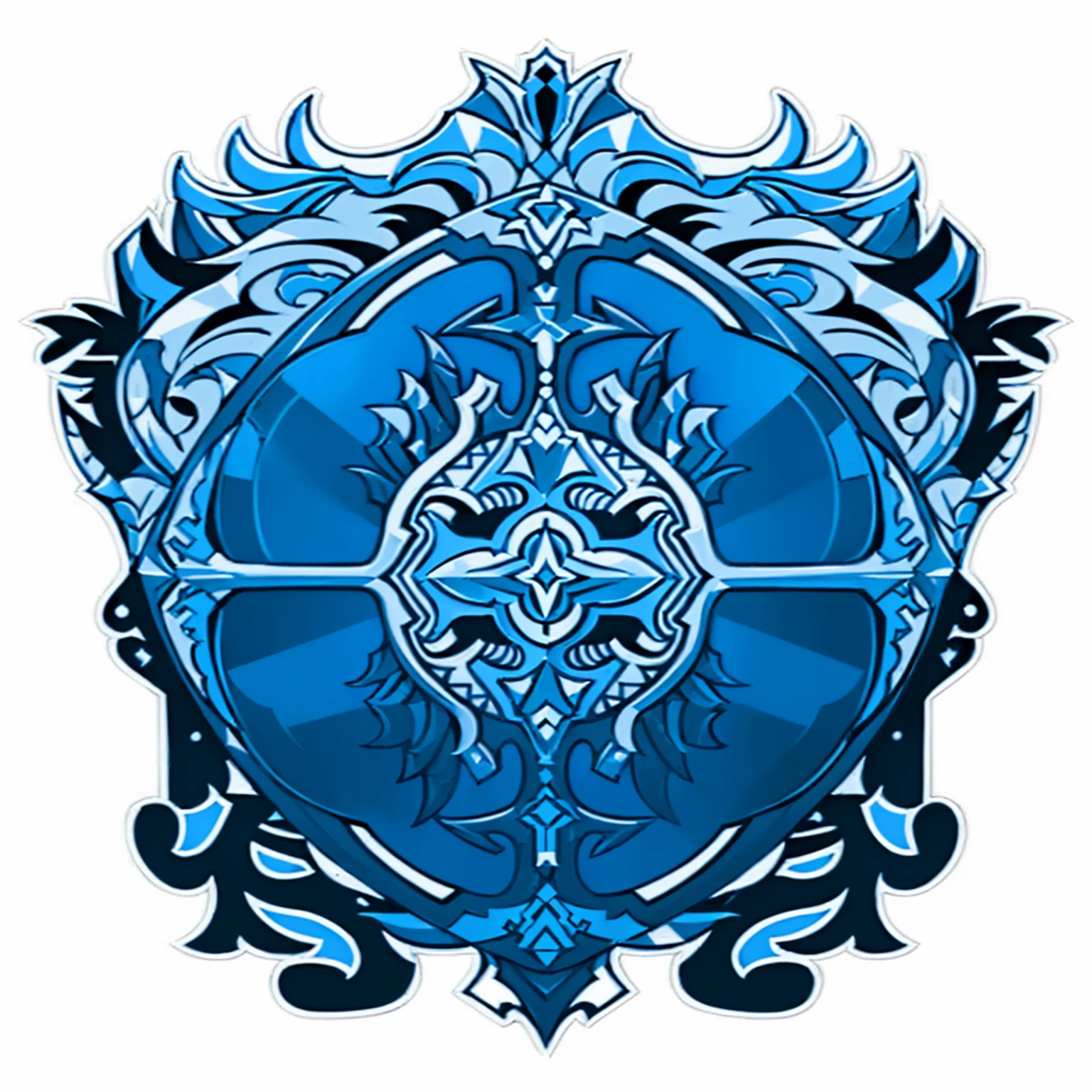 a blue and black image of a stylized design with a cross, style of hydro74, shield design, symmetrical sticker design, symmetrical digital illustration, detailed vectorart, highly detailed symmetry, symmetry illustration, symmetry!! concpet art, symmetrical design, symmetry!! concept art, symmetrical tarot illustration, fantasy shield, symmetric detailed