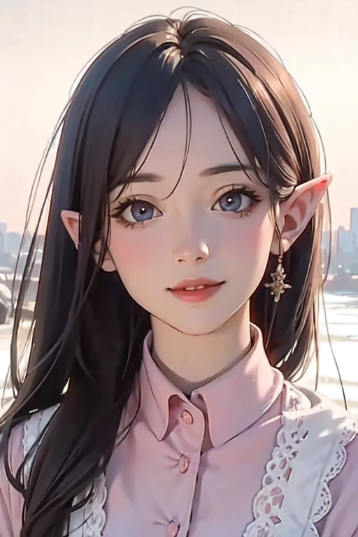 Little elf Lola, curved, beautiful smile, ((full body)), (best quality, 4K, 8k, high resolution, masterpiece: 1.2), ultra-detailed (realistic, photorealistic: 1.37), beautiful detailed eyes, beautiful detailed lips, extremely detailed eyes, extremely detailed eyes and face, long eyelashes, toony style, playful expression, curved silhouette, looking over the shoulder, pink and white color palette, soft lighting