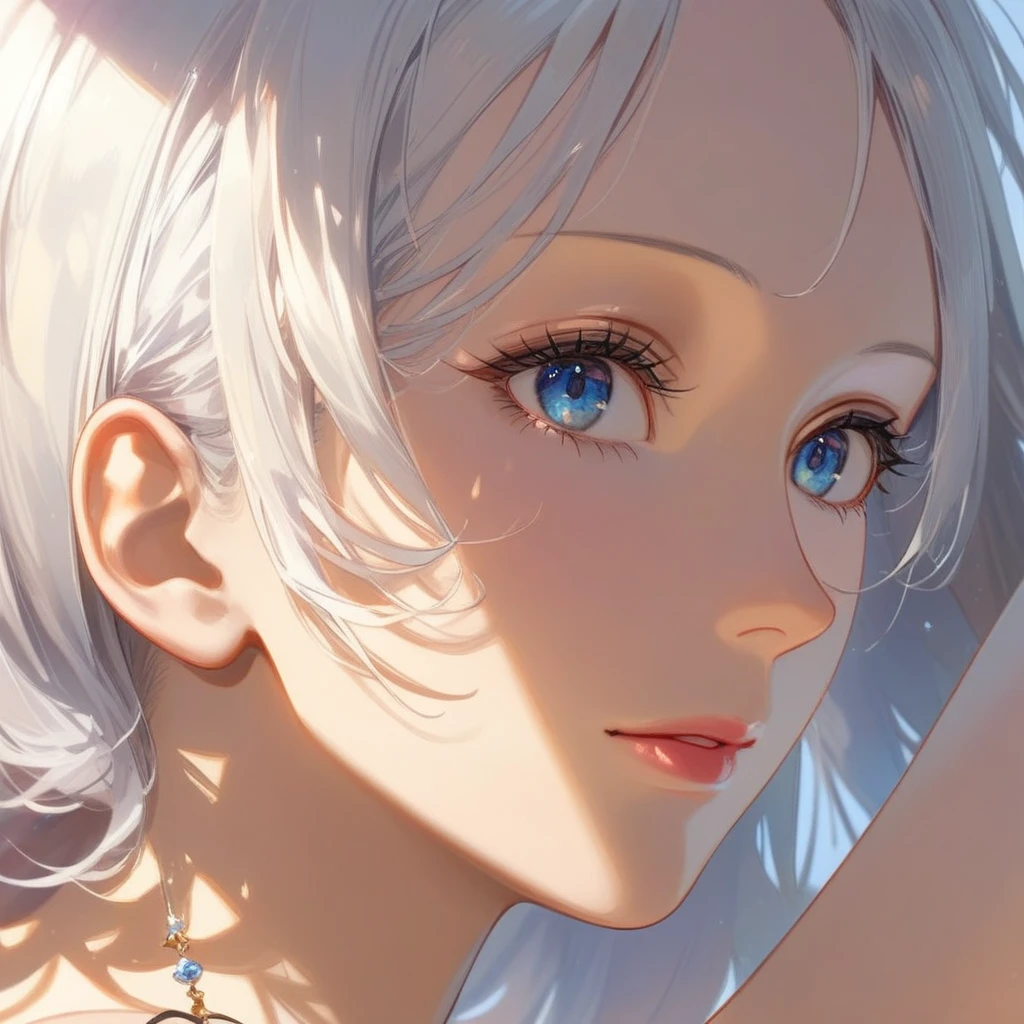 masterpiece, Highest quality, Super Detail, 8K, Detail Light, Detailed Shadows, born, (Delicate skin), (Genuine: 1.1), 1 Girl, White Hair, one piece ，Eye close-up, write, ephemeral