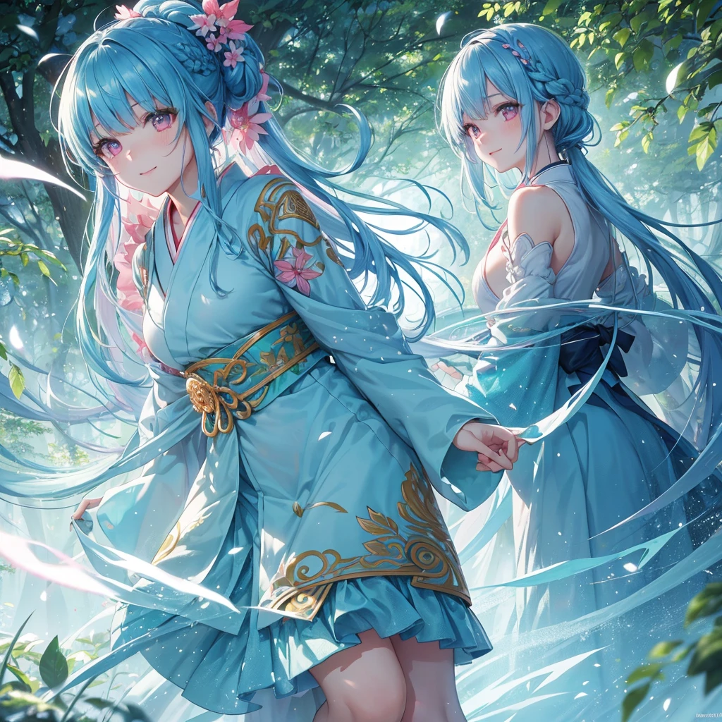 sky Blue hair, (braided ponytail),(pink eyes),fair skin ,(full body),1 girl,smile,white red kimono,Fresh green forest,Forest Goddess,Straight Bangs,(masterpiece, best quality, ultra-detailed, best shadow), (detailed background), (beautiful detailed face), high contrast, (best illumination, an extremely delicate and beautiful), ((cinematic light)), colorful, hyper detail, dramatic light, intricate details,guardian of the forest,Leaf Blizzard,