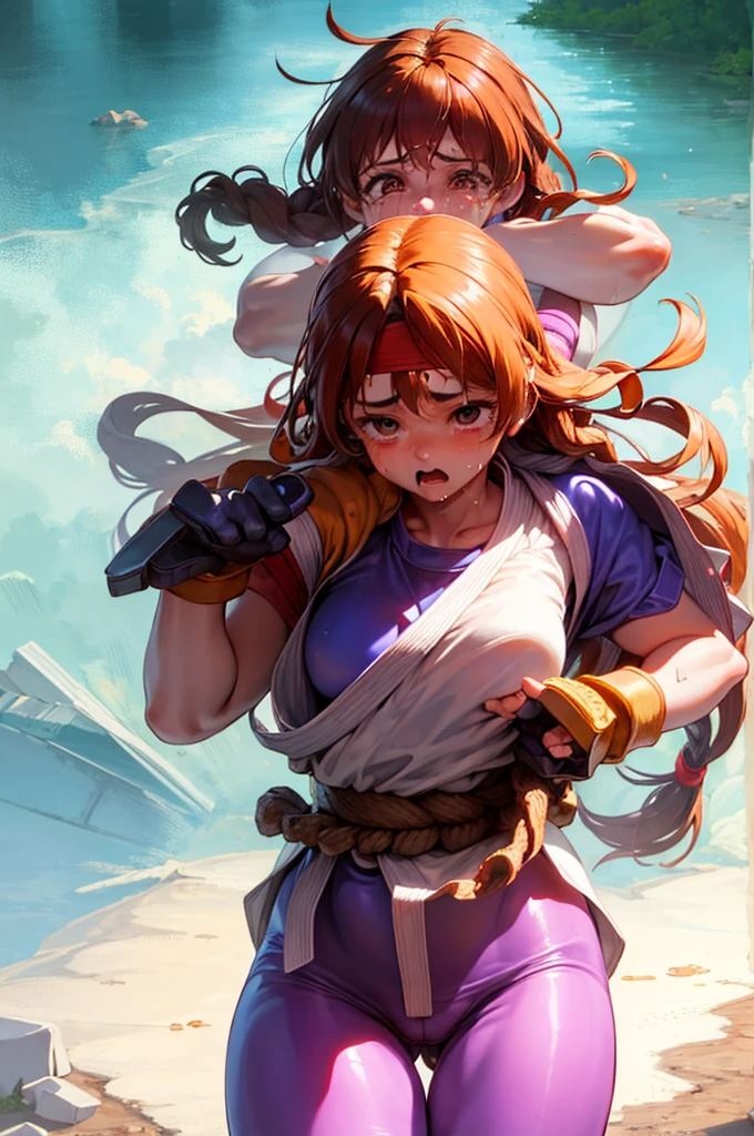 (masterpiece, best quality, high resolution, unity 8k wallpaper, extremely detailed CG:1), (illustration:1.0), 1girl,solo, yurims, headband, dougi, spandex, gloves,Face full of scars、Skin shiny with sweat、 injured scared girl、 crying wet bursting out eyes, real tears streaming down face, ultra-detailed eyes,bandaid on face,covered with mud,expression of despair,Illumination that emphasizes shiny sweat{{{Spread }}},(crotch rope walking:1.0)