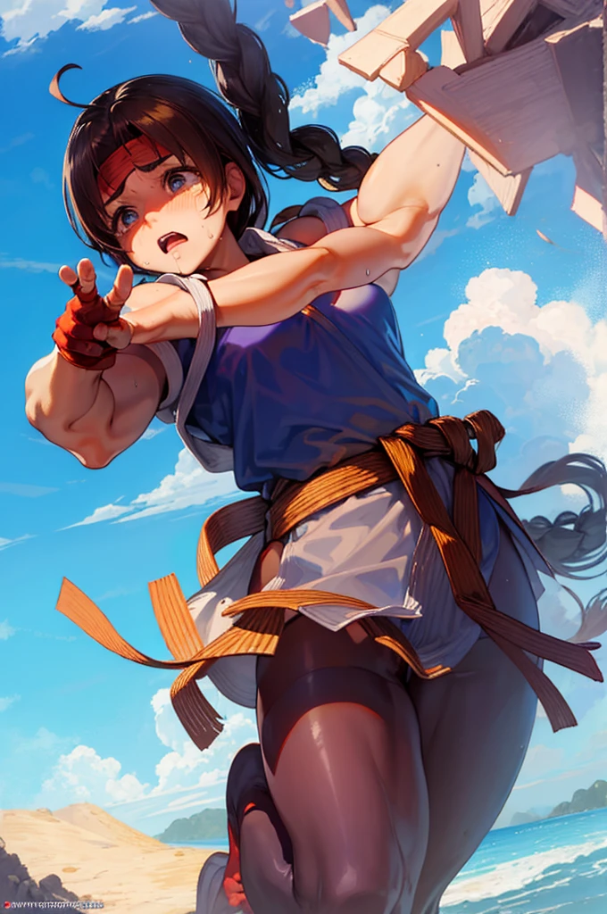 (masterpiece, best quality, high resolution, unity 8k wallpaper, extremely detailed CG:1), (illustration:1.0), 1girl,solo, yurims, headband, dougi, spandex, gloves,Face full of scars、Skin shiny with sweat、 injured scared girl、 crying wet bursting out eyes, real tears streaming down face, ultra-detailed eyes,bandaid on face,covered with mud,expression of despair,Illumination that emphasizes shiny sweat{{{Spread }}},(crotch rope walking:1.0)