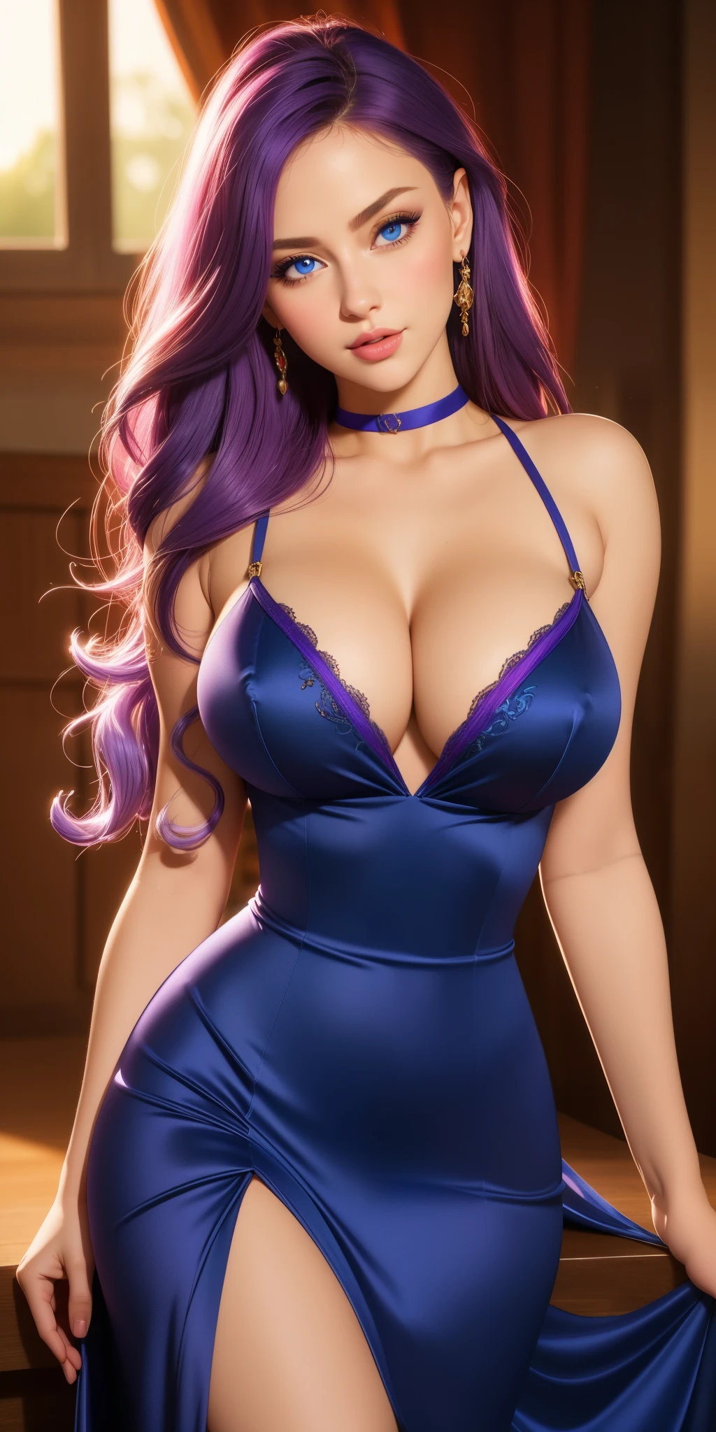 best quality, ultra-detailed, photorealistic: 1.39), bright and vibrant colors, studio lighting, romantic expression, seductive, Big breasts, 1girl, dark blue eyes, long light purple hair, sunset, Beautiful and sensual dress, strap at the neck