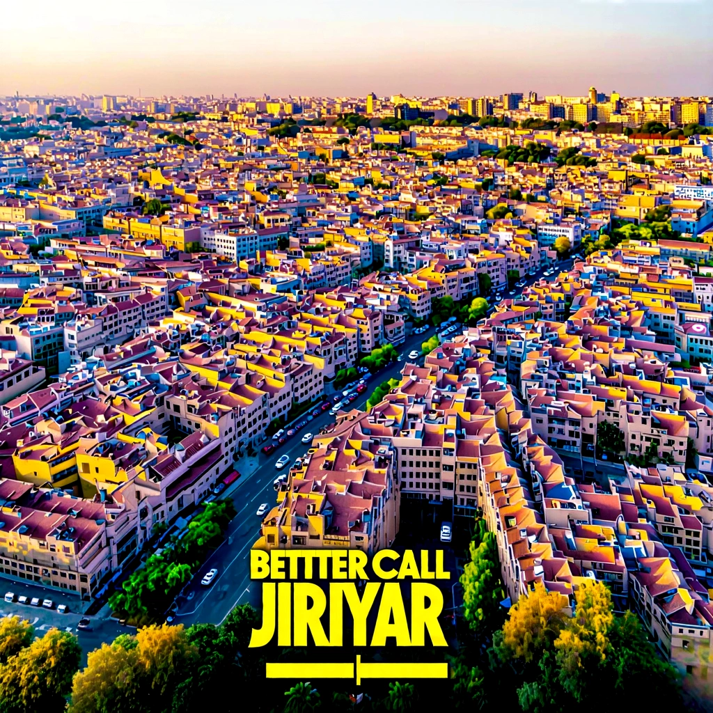 a modern movie poster with the beautiful title Better Call Jiriyar featuring aerial view of an old city, best quality, masterpiece, professional photograph