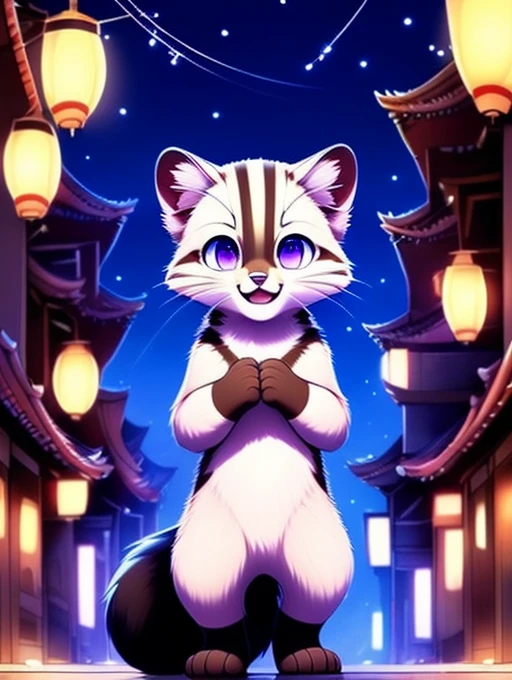 Civet cat, Little Boy, cute, (alone), (((Has brown and white fur))), Big purple eyes, Blushing, smile, Open your mouth, walking, night, Ancient Asian cities, bright street lights, Blue and black slate road, Empty Streets, Starry Sky, Shadow, Detailed facial depiction, ((Accurate hand drawing)), レンブラントの光とShadow, Ultra-fine，Completely naked，Naked，Naked，Sleep on your back，Spread your legs and point your crotch，lift both legs up，Embarrassing，Embarrassing表情，Small dick，anus，