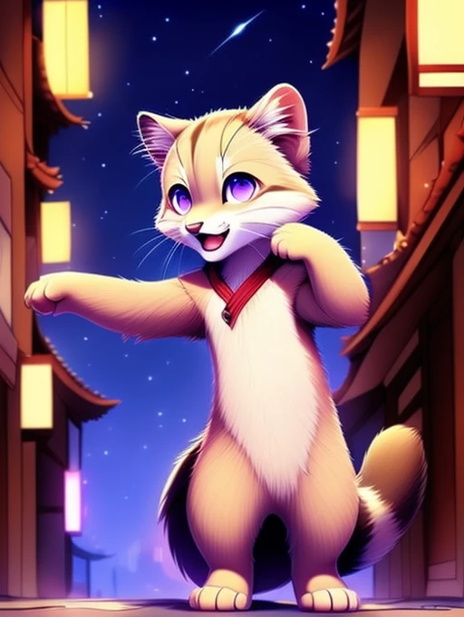 Civet cat, **********, cute, (alone), (((Has brown and white fur))), Big purple eyes, Blushing, smile, Open your mouth, walking, night, Ancient Asian cities, bright street lights, Blue and black slate road, Empty Streets, Starry Sky, Shadow, Detailed facial depiction, ((Accurate hand drawing)), レンブラントの光とShadow, Ultra-fine，Completely naked，Naked，Naked，Sleep on your back，Spread your legs and point your crotch，lift both legs up，Embarrassing，Embarrassing表情，Small dick，anus，