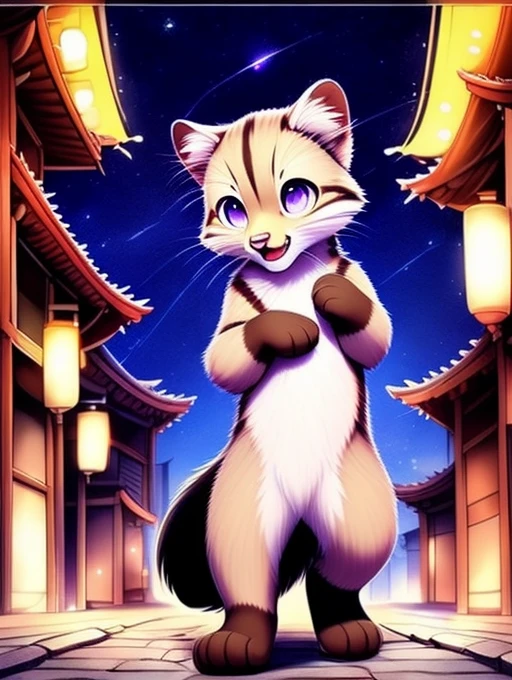 Civet cat, , cute, (alone), (((Has brown and white fur))), Big purple eyes, Blushing, smile, Open your mouth, walking, night, Ancient Asian cities, bright street lights, Blue and black slate road, Empty Streets, Starry Sky, Shadow, Detailed facial depiction, ((Accurate hand drawing)), レンブラントの光とShadow, Ultra-fine，Completely naked，Naked，Naked，Sleep on your back，Spread your legs and point your crotch，lift both legs up，Embarrassing，Embarrassing表情，Small dick，anus，