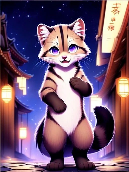 Civet cat, **********, cute, (alone), (((Has brown and white fur))), Big purple eyes, Blushing, smile, Open your mouth, walking, night, Ancient Asian cities, bright street lights, Blue and black slate road, Empty Streets, Starry Sky, Shadow, Detailed facial depiction, ((Accurate hand drawing)), レンブラントの光とShadow, Ultra-fine，Completely naked，Naked，Naked，Sleep on your back，Spread your legs and point your crotch，lift both legs up，Embarrassing，Embarrassing表情，Small dick，anus，