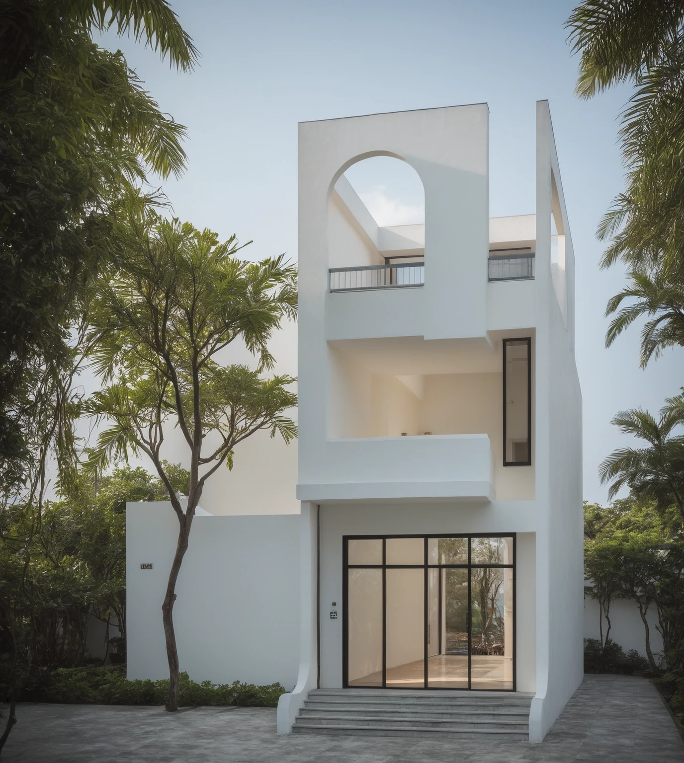 RAW photo,Masterpiece, high quality, best quality, authentic, super detail,
modern house, exterior, modern house with white wall and windows, daylight, tropical trees, tropical garden, the street on Viet Nam, archdaily architecture, 
(high detailed :1.2), 8k uhd, dslr, soft lighting, high quality, film grain, Fujifilm XT3 