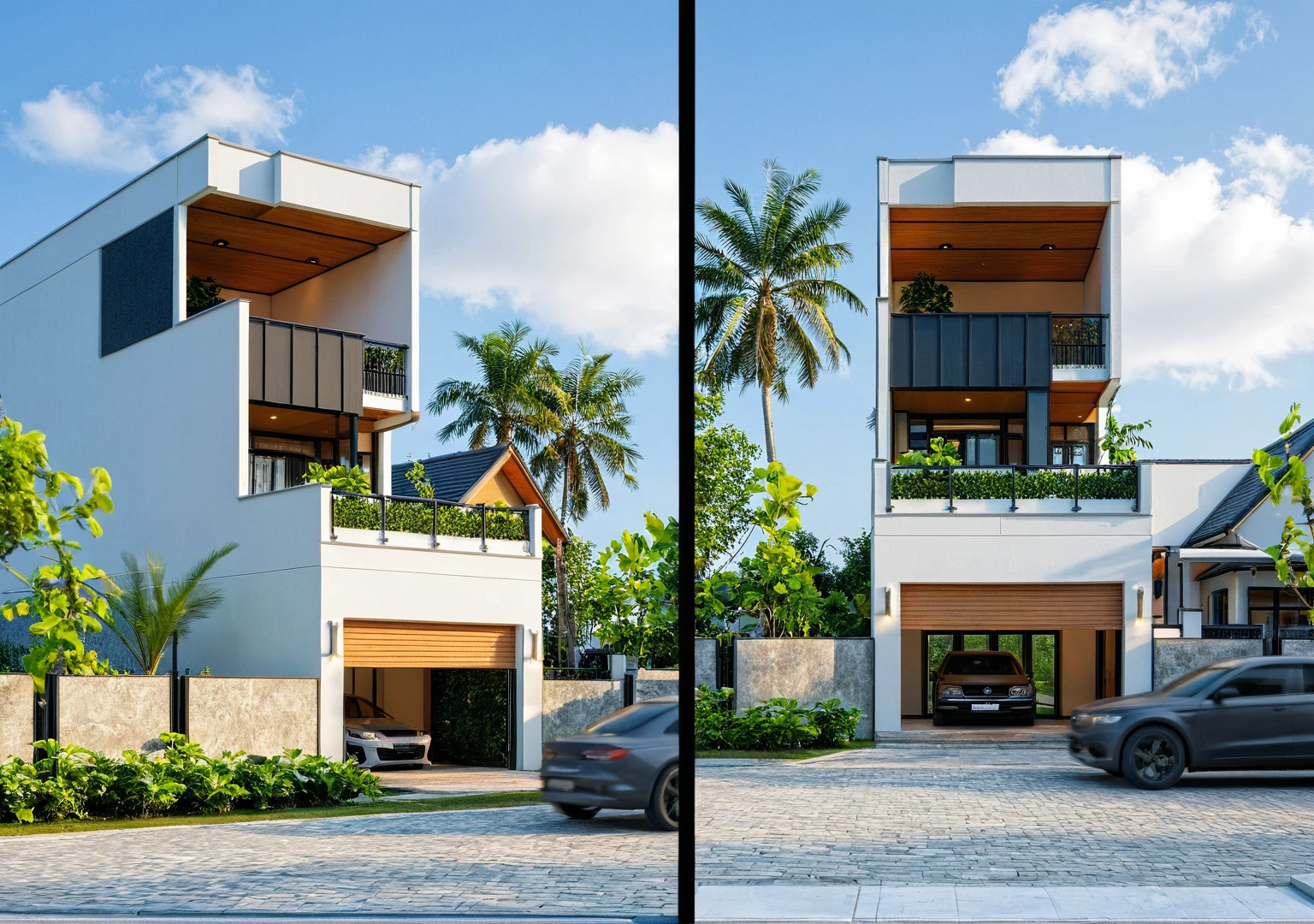 Masterpiece, high quality, best quality, authentic, super detail, outdoors, onestoreyvillaXL, aiaigroup, house style modern on the street ,stairs, white wall ,road,pavement, grass, trees, sky, cloud, (daylight:1.1)