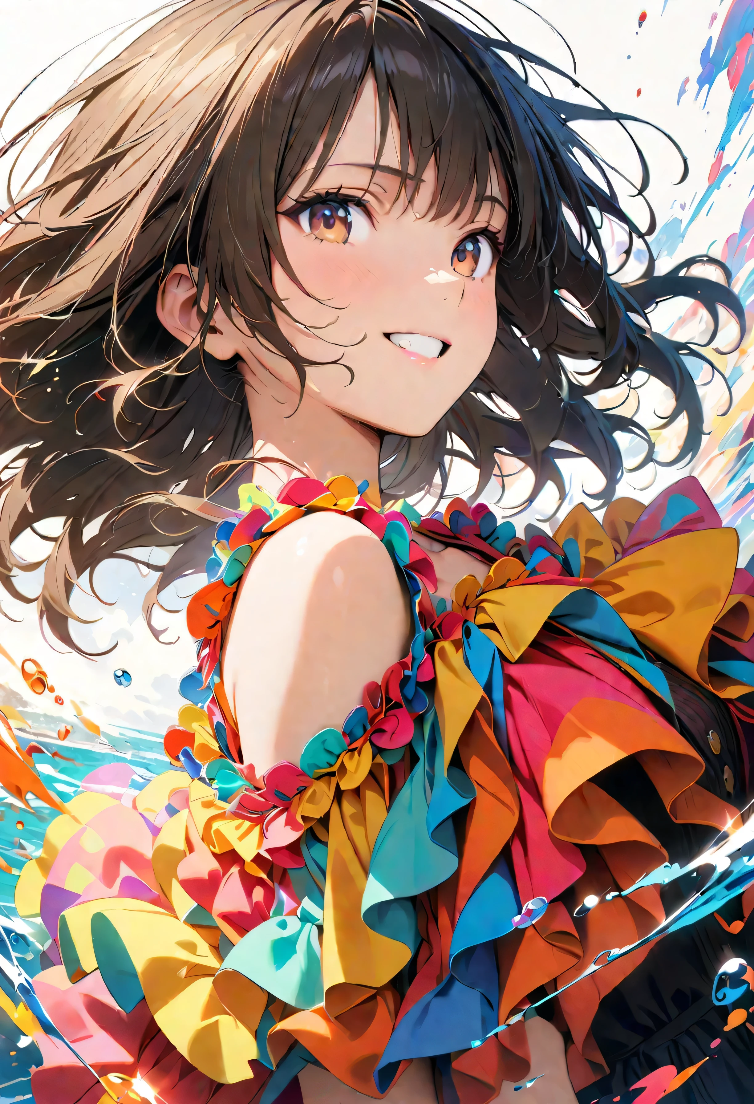 (masterpiece, Highest quality, Official Art:1.2), (colorful), Perfect Anatomy, Looking at the audience,One Girl, alone, White Background, floating colorful water, Ultra-fine illustrations, highly detailed, Dynamic Angle, beautiful detailed, 8K, 壊す smiling amidst the colorful scenes.(Highest quality、masterpiece、High resolution、detailed), Anime Style, Dynamic Angle