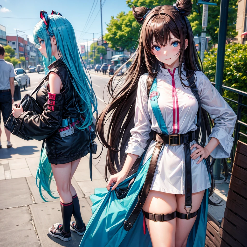 Nakano miku Girl with blue eyes, straight brown hair with a streak covering part of her left eye - Height: 165 cm - Weight: 51 kg - Bust: 89 cm - Belt: 56 cm - Hip: 83 cm