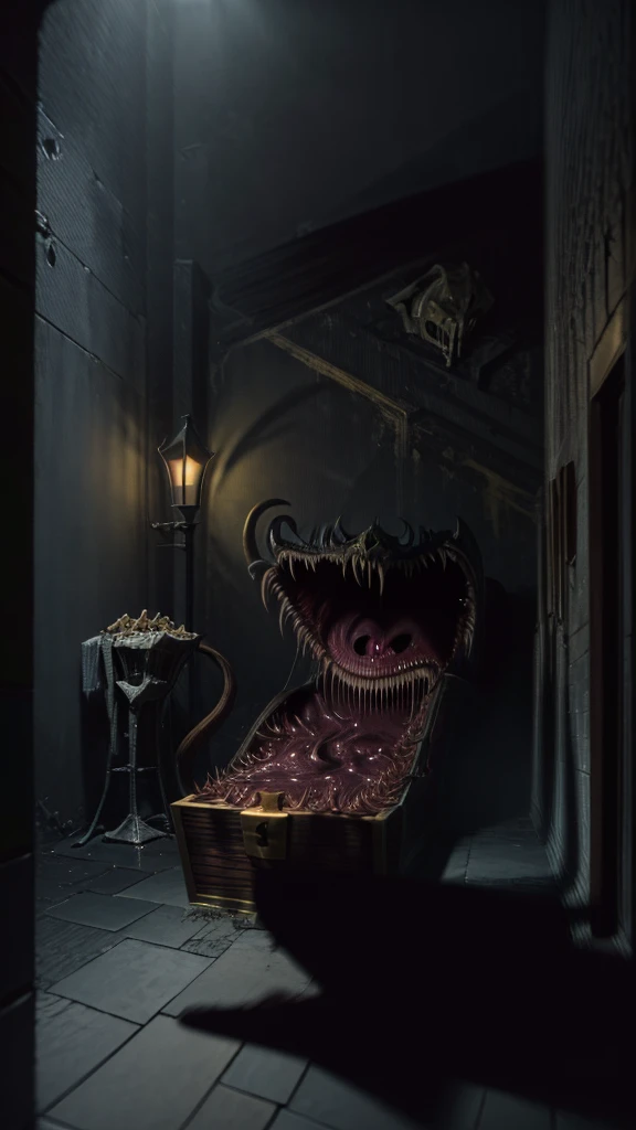 Create a highly detailed and terrifying image of a Mimic chest monster. The Mimic should resemble a traditional treasure chest at first glance, with ornate woodwork and metal reinforcements. However, the chest should be partially open, revealing sharp, menacing teeth lining the inside of the lid. The lid should be split into a monstrous mouth, with a long, slimy tongue lashing out. The eyes of the Mimic should be glowing ominously, either embedded in the wood or appearing on the lid, giving it a menacing, predatory look.
The setting should be a dimly lit dungeon with cobblestone floors and walls. Scatter gold coins, jewels, and other treasures around the Mimic to emphasize the trap. Add eerie lighting and shadows to enhance the creepy and dangerous atmosphere. Ensure there are no humans or human-like figures in the image. The overall scene should evoke a sense of dread and caution, capturing the essence of a Mimic ready to strike at unsuspecting adventurers.Nothing in the chest monster
