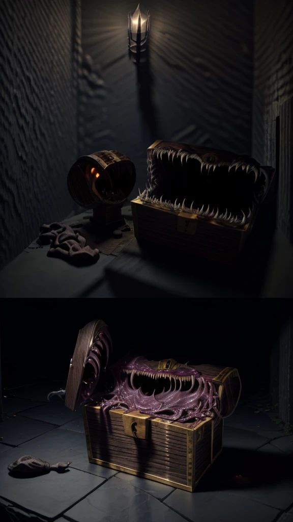 Create a highly detailed and terrifying image of a Mimic chest monster. The Mimic should resemble a traditional treasure chest at first glance, with ornate woodwork and metal reinforcements. However, the chest should be partially open, revealing sharp, menacing teeth lining the inside of the lid. The lid should be split into a monstrous mouth, with a long, slimy tongue lashing out. The eyes of the Mimic should be glowing ominously, either embedded in the wood or appearing on the lid, giving it a menacing, predatory look.
The setting should be a dimly lit dungeon with cobblestone floors and walls. Scatter gold coins, jewels, and other treasures around the Mimic to emphasize the trap. Add eerie lighting and shadows to enhance the creepy and dangerous atmosphere. Ensure there are no humans or human-like figures in the image. The overall scene should evoke a sense of dread and caution, capturing the essence of a Mimic ready to strike at unsuspecting adventurers.Nothing in the chest monster